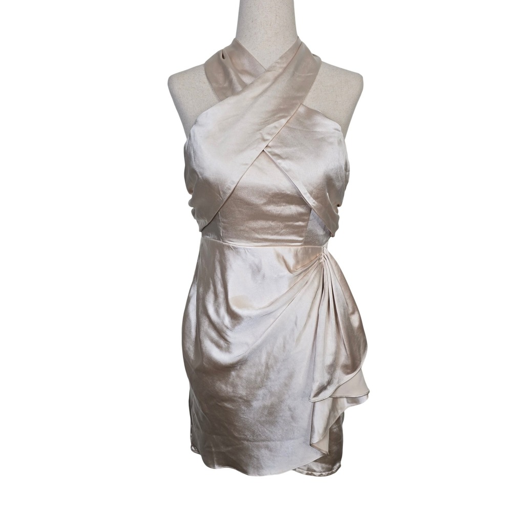Hello Molly Champagne Satin Halter Mini Dress Criss Cross Ruffle Beige Womens XS